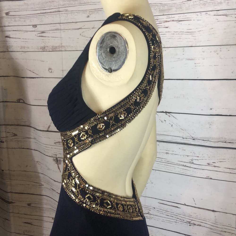 Betsy & Adam One Shoulder Navy Gold Gown NWT Size 4 - Picture 6 of 12